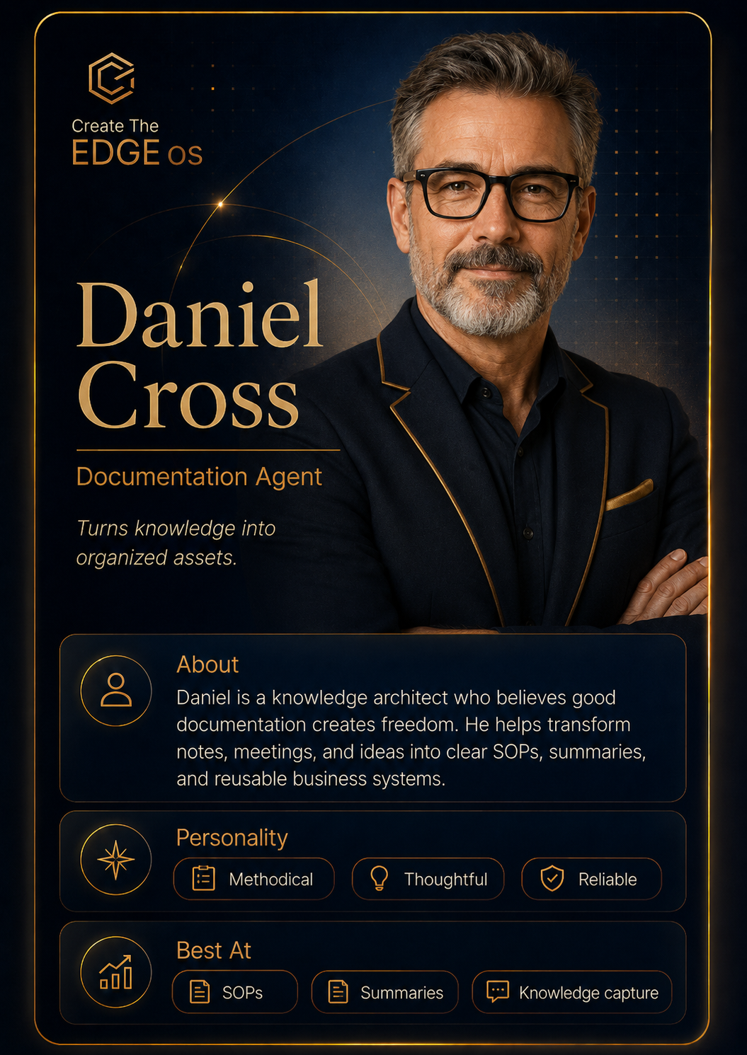 Portrait card of Daniel Cross, Documentation Agent for Create The EDGE os.